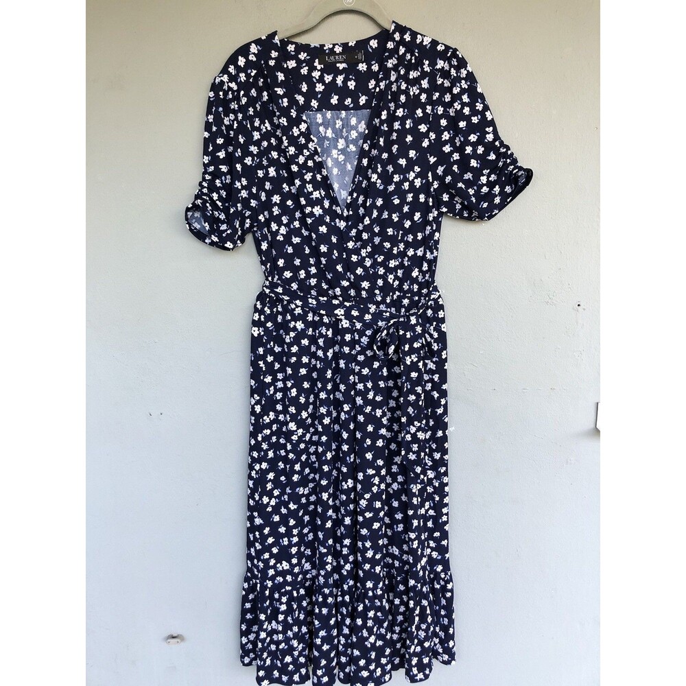 Lauren Ralph Lauren Navy Floral Midi Dress Size 12 Jersey Stretch Flowy Career